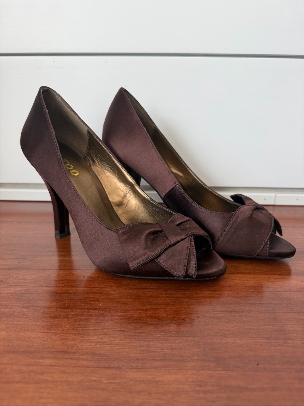 me too Brown Satin Peep-Toe Heels with Bow Accent